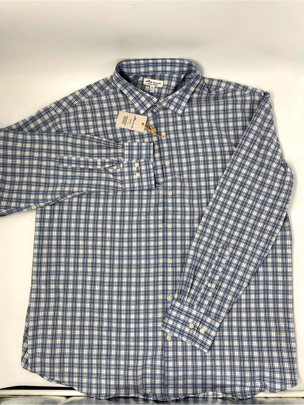 Peter Millar Crown Sport Summer Comfort Men’s Blue Plaid Button-Down Shirt XXL
